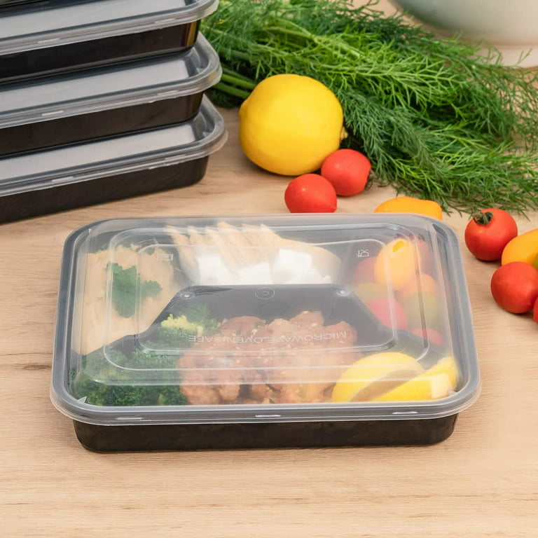 Asporto 32 oz Black Plastic 2 Compartment Food Container - with Clear Lid, Microwavable - 8 3/4 inch x 6 inch x 2 inch - 100 Count Box