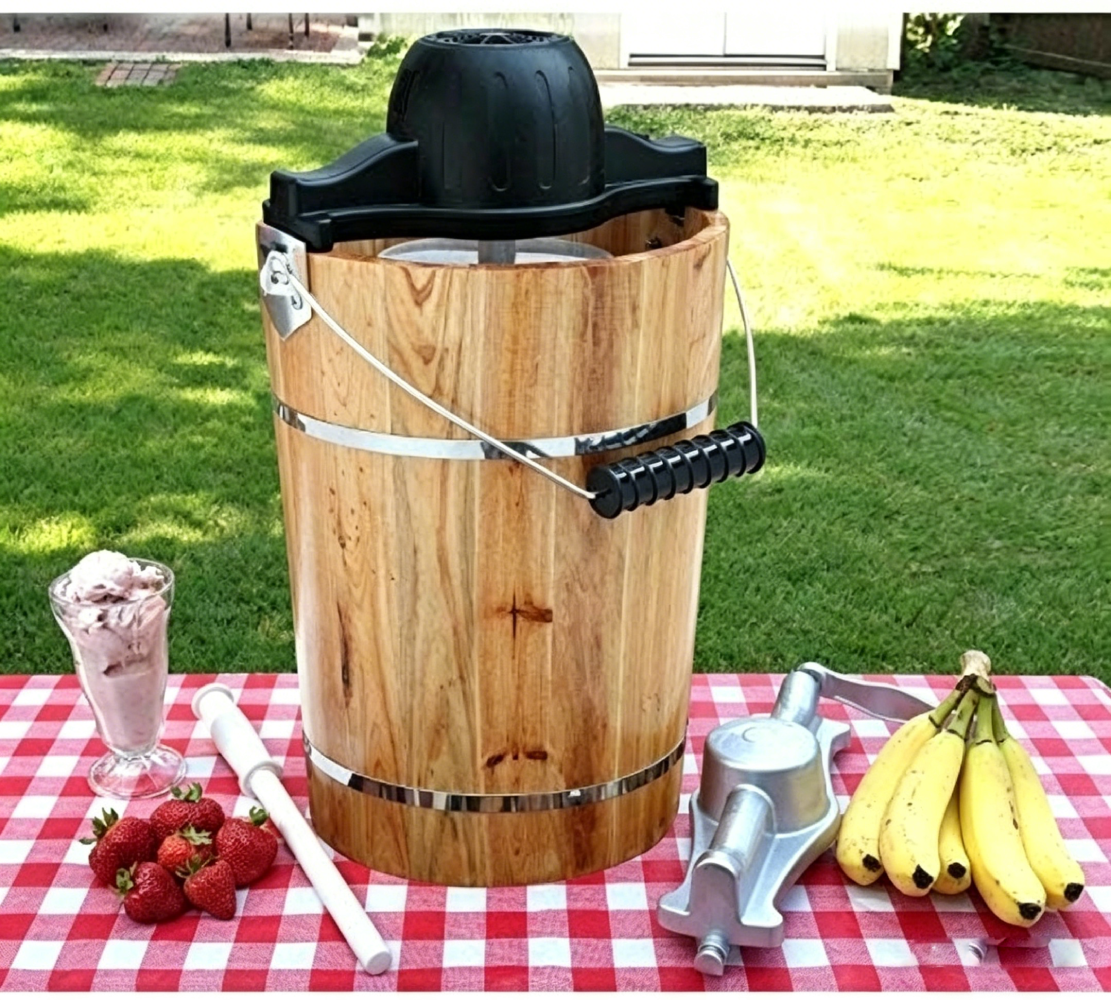 Wjsp Ice Cream Maker 6 Quart Brown Pine Wood Bucket Hand Crank Electric Dual Mode for Home