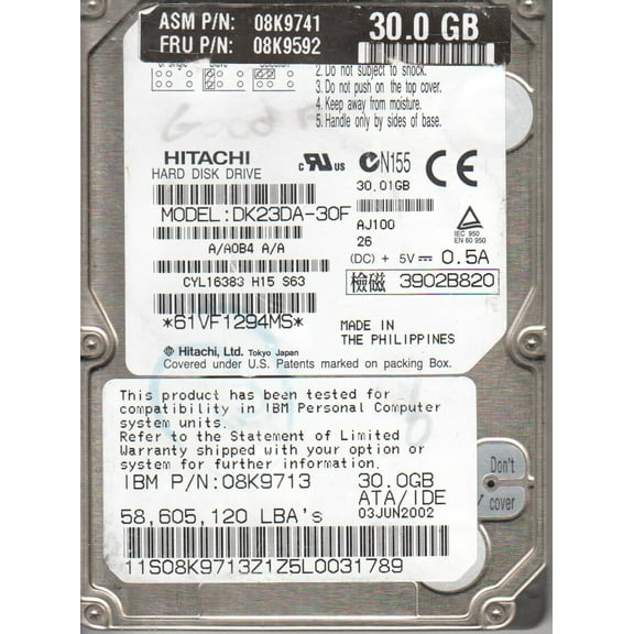 DK23DA-30F, A/A0B4A/A, Hitachi 30GB IDE 2.5 Hard Drive