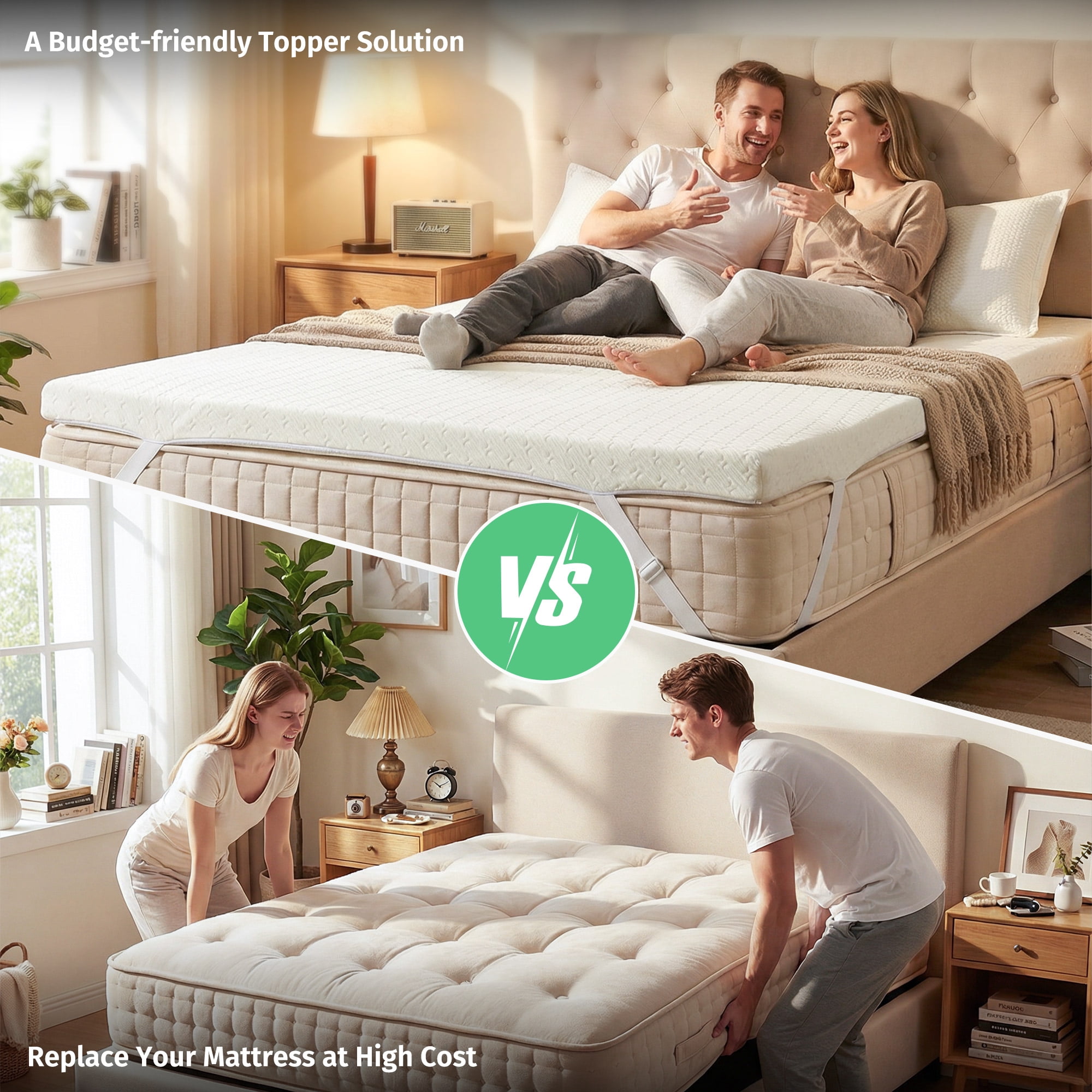 Poshby Full Size 3 inch Gel Memory Foam Mattress Topper with Removable Fitted Cover for Back Pain,White