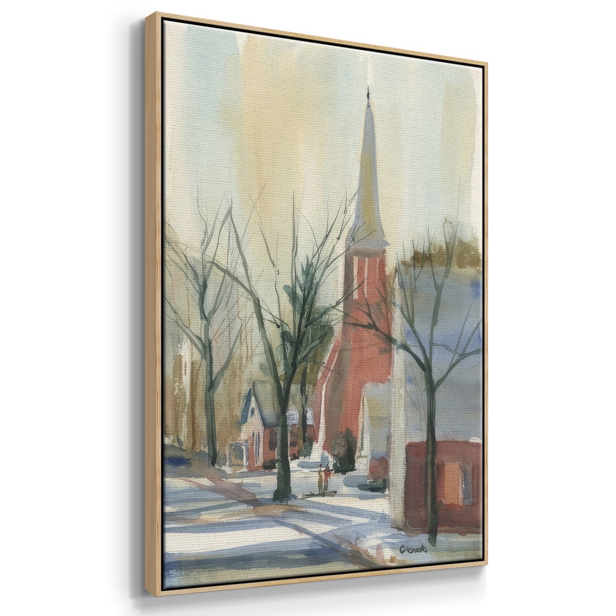 New England Main Street - Framed Gallery Wrapped Holiday Canvas - 17 x 25 - Natural Wood Frame