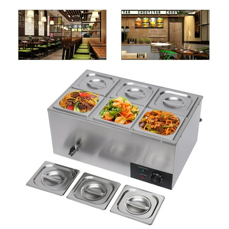 6 Pans Bain Marie Commercial Food Warmer 6*3L Countertop Table Steamer 600W 110V For Heating And Keeping A Wide Range Of Foodstuffs Warm