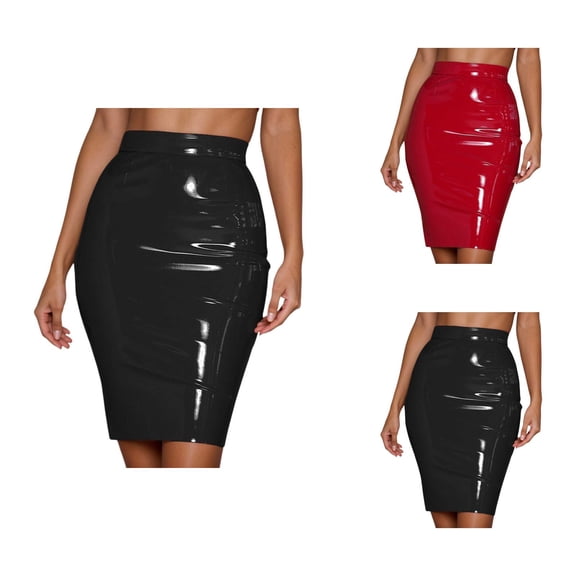 Leather Pencil Skirt for Women High Waisted Zip Back Bodycon Midi Skirt Metallic Wet Look Office Skirts