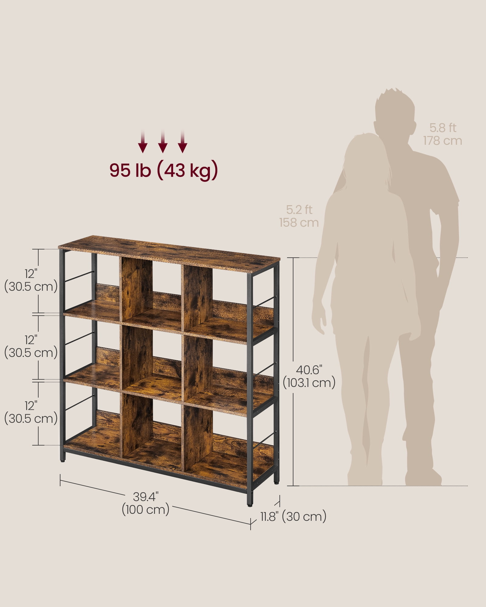 Bookshelf, Bookcase, 9 Cubes Storage Organizer, Industrial Open Display Shelf, for Bedroom, Office