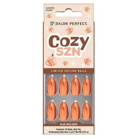 Salon Perfect Halloween Fall Artificial Fake Press On Nails, 404 Copper Chrome, Short Almond, File, Glue and Prep Pad Included, 30 Nails