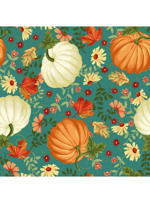 45 x 36 Fall Autumn Thanksgiving Fabric Orange and White Pumpkins and Leaves 100% Cotton Fabric