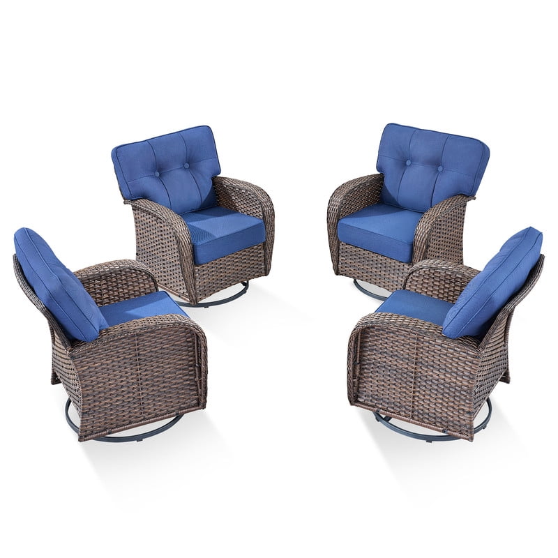 PARKWELL 4 Pieces Patio Furniture Set, Outdoor Swivel Gliders Rocker, All-Weather Wicker Conversation Set with Rattan Rocking Chair and 5" Thick Cushion for Porch Deck, Brown/Navy