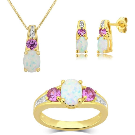 Accent Carat T.W. Round White Diamond Created Opal and Created White Sapphire Rhodium-Plated Ring, Earrings and Pendant Set, 18"