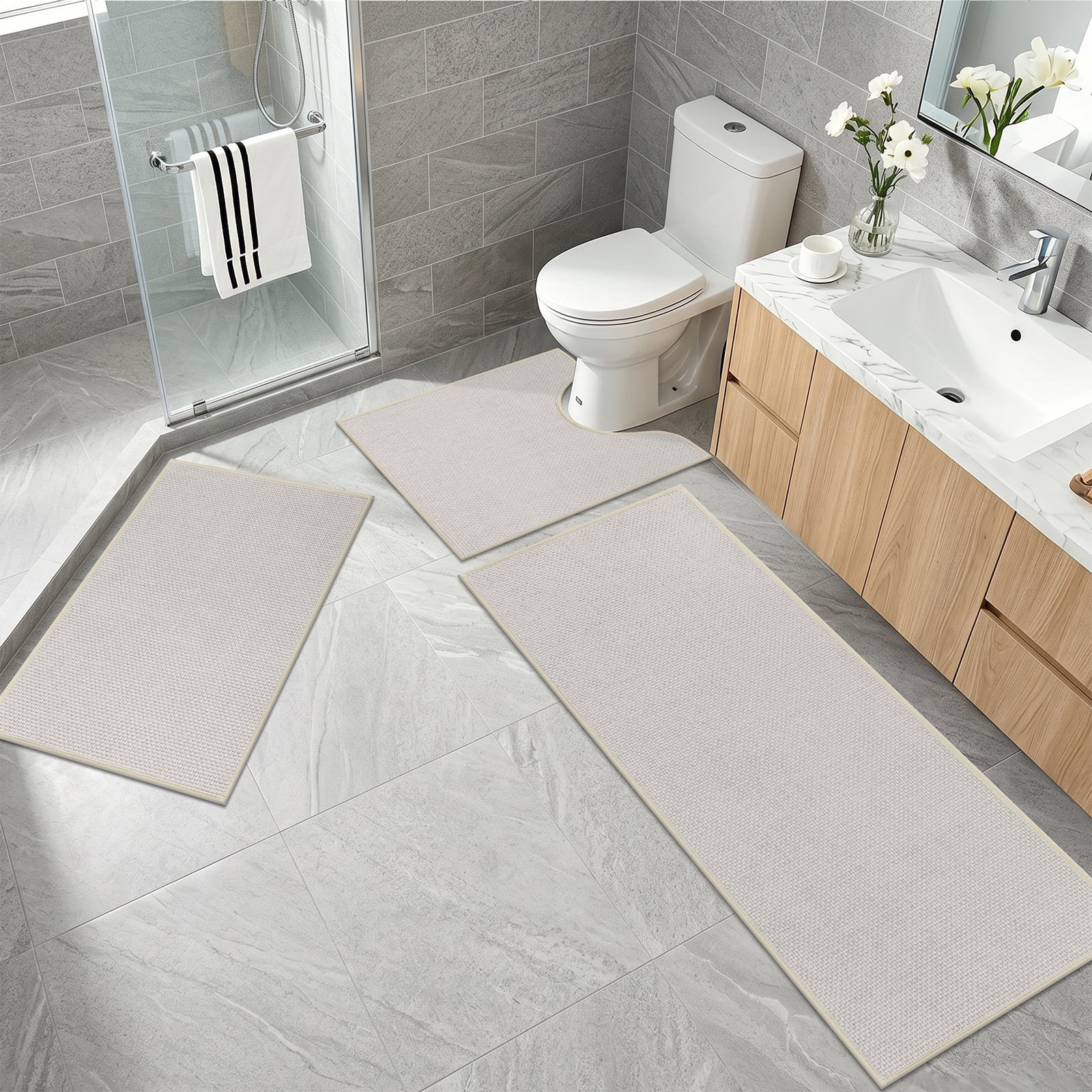 Ileading 3pcs Bathroom Rugs Set with U-Shaped Mat, Non Slip, Soft, Absorbent Bath Mats for Tub, Shower, Toilet 18"x26"+18"x48"+U Shape 20"x24" Beige