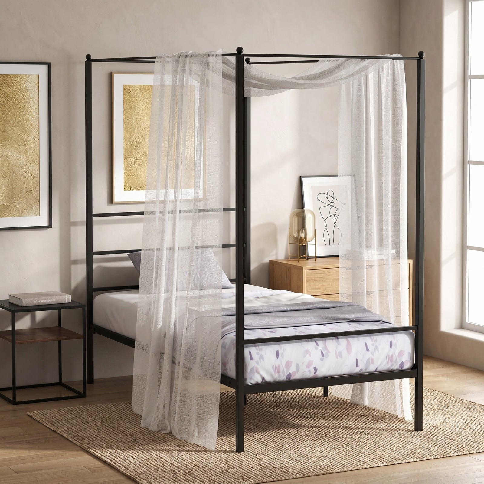 Furnibear Queen Bed Frame Metal Canopy Platform Bed Frame with Slat Support and 4 Posts for Bedroom and Guest Room, No Box Spring Needed, Black