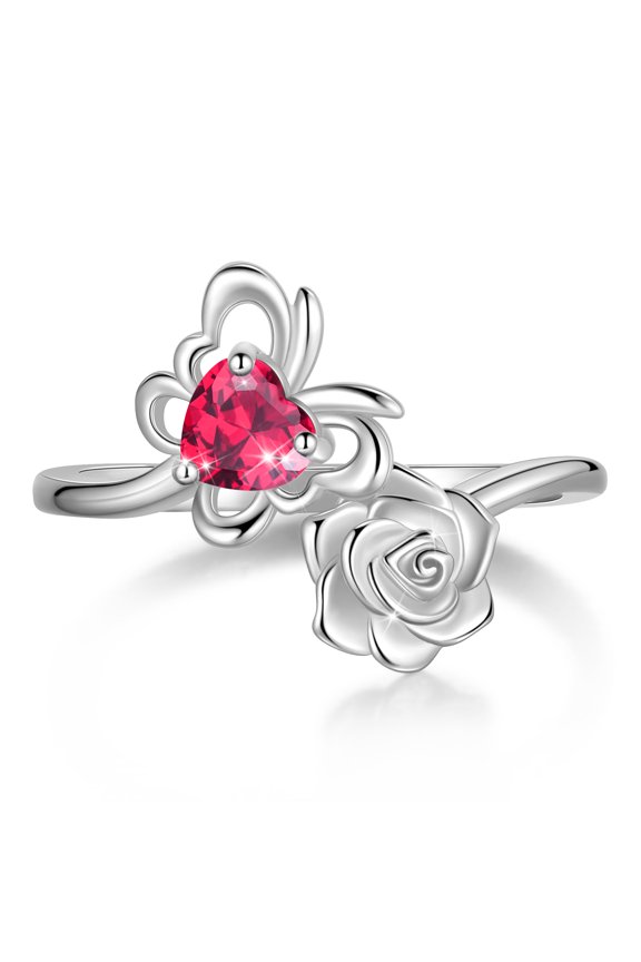 Rose Heart Birthstone Ring,925 Sterling Silver July Ruby Butterfly Birthstone Adjustable Open Rings Birthday Christmas Valentines Mothers Day Jewelry Gifts for Women Mom