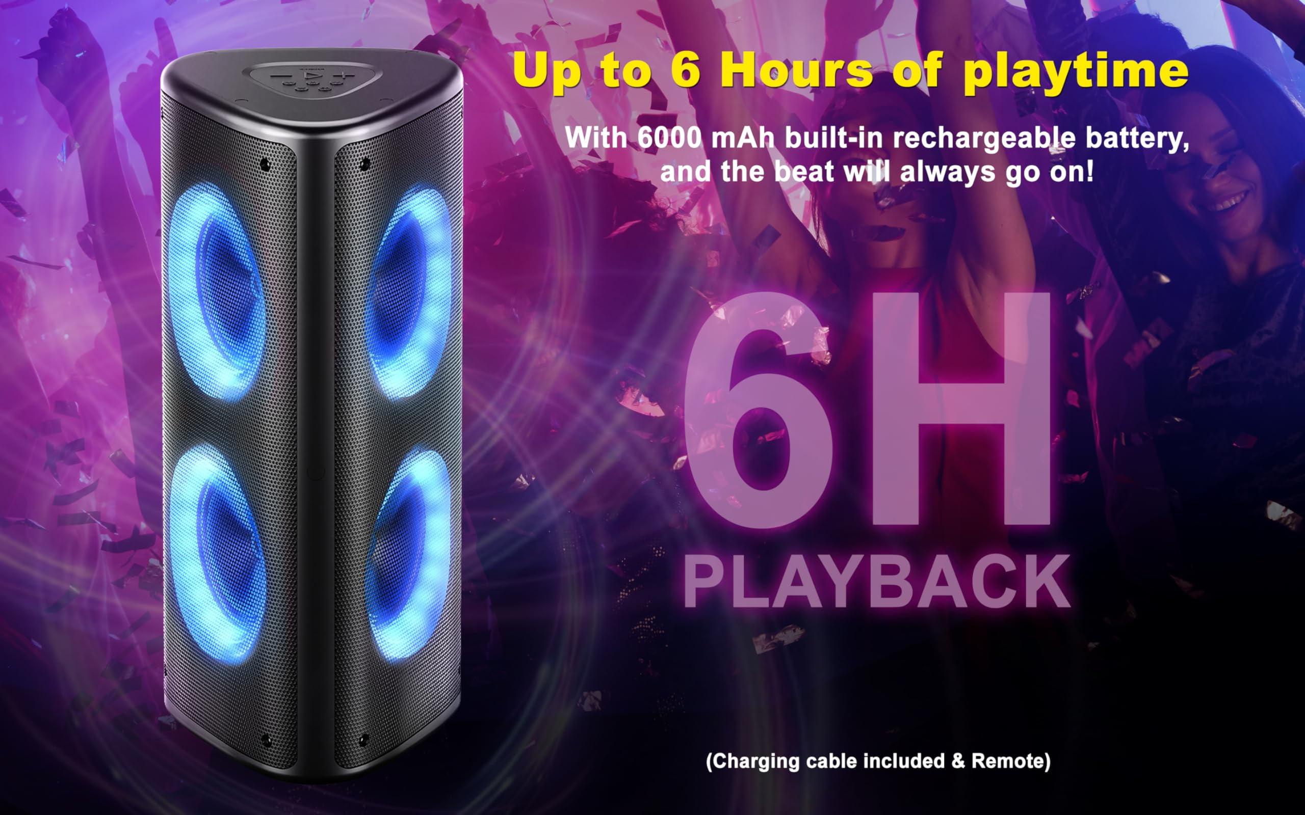 Fisher Bluetooth PA Speaker Stereo System -Karaoke Portable Wireless DJ, Quad Triangle 6.5" 80W Peak Power Speaker, Loud HD Sound & LED Lights, Rechargeable, TWS, USB, FM Radio,Indoor & Outdoor Party