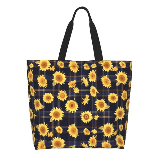 Easygdp Royal Blue Plaid Sunflower Bolsas Tote para Mujer, Bolsos de Hombro para Viaje, Bolsos de Mano de Gran Capacidad para Compras y Trabajo