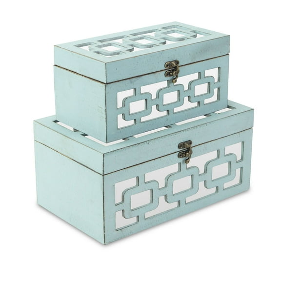 Contemporary Home Living Set of 2 Blue Lattice Pattern Storage Boxes with Front and Top Mirror