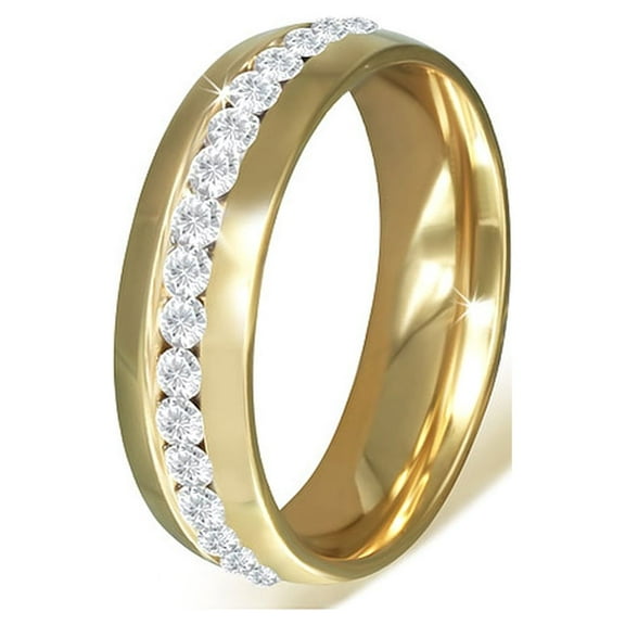 Stainless Steel Yellow Gold-Tone White Clear CZ Anniversary Wedding Ring Band