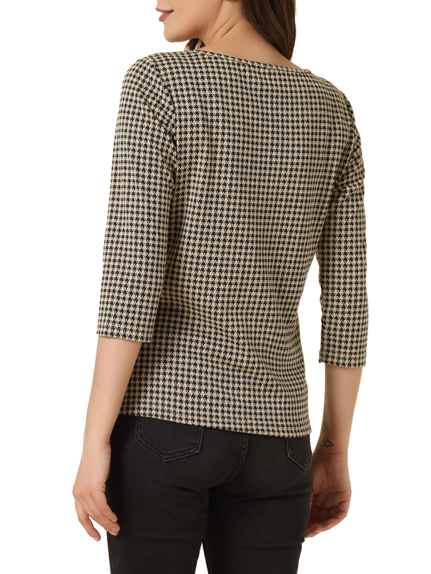 Unique Bargains Women's Work Office 3/4 Sleeve Boat Neck Houndstooth Top XL Black Khaki