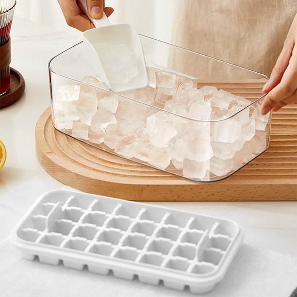 Bandeja con molde para cubitos de hielo de silicona de 32 rejillas con tapa y recipiente para cóctel y whisky (blanco)