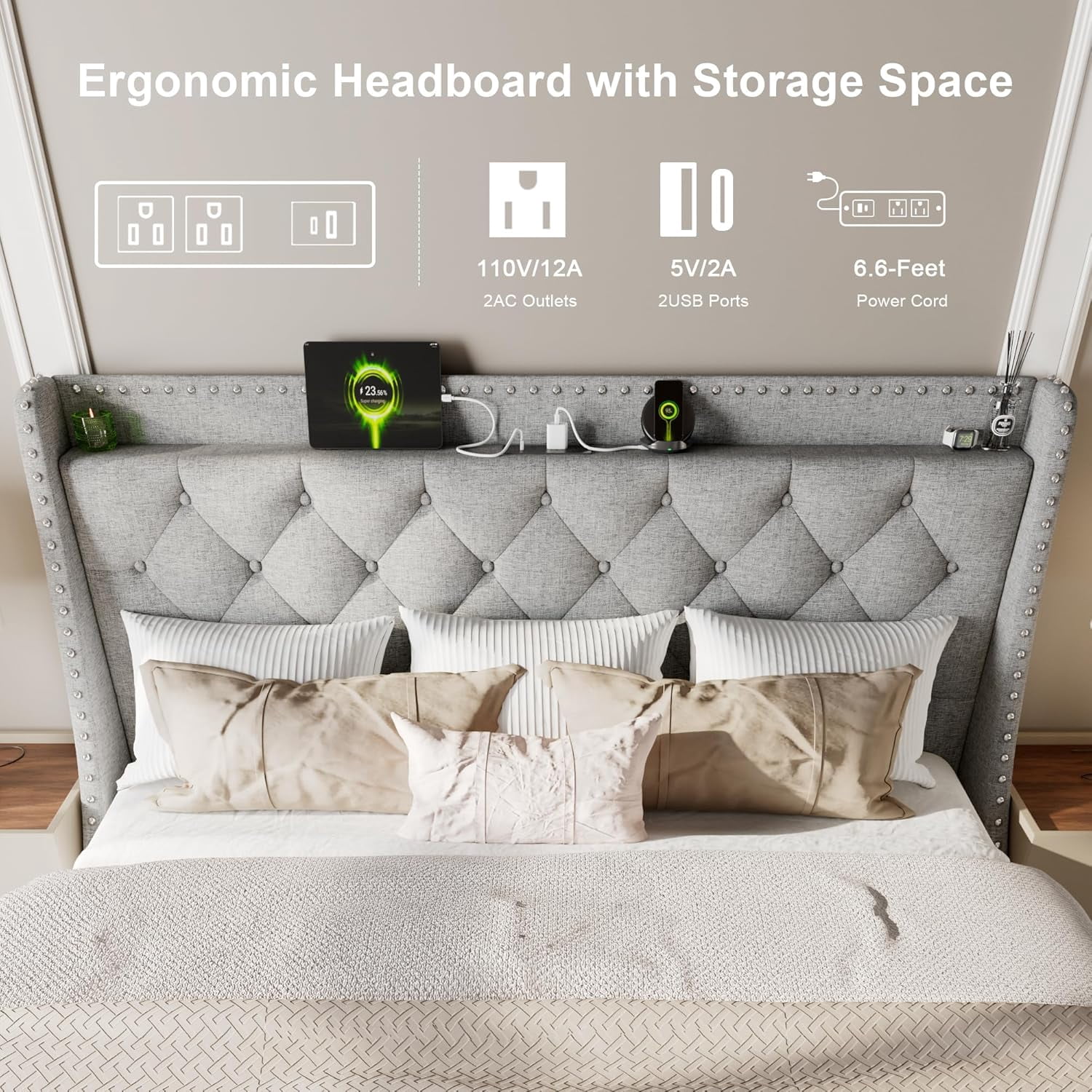 AENKYO King Size Platform Bed with Fast Charging Station, Storage Wingback Headboard, No Box Spring Needed, Gray