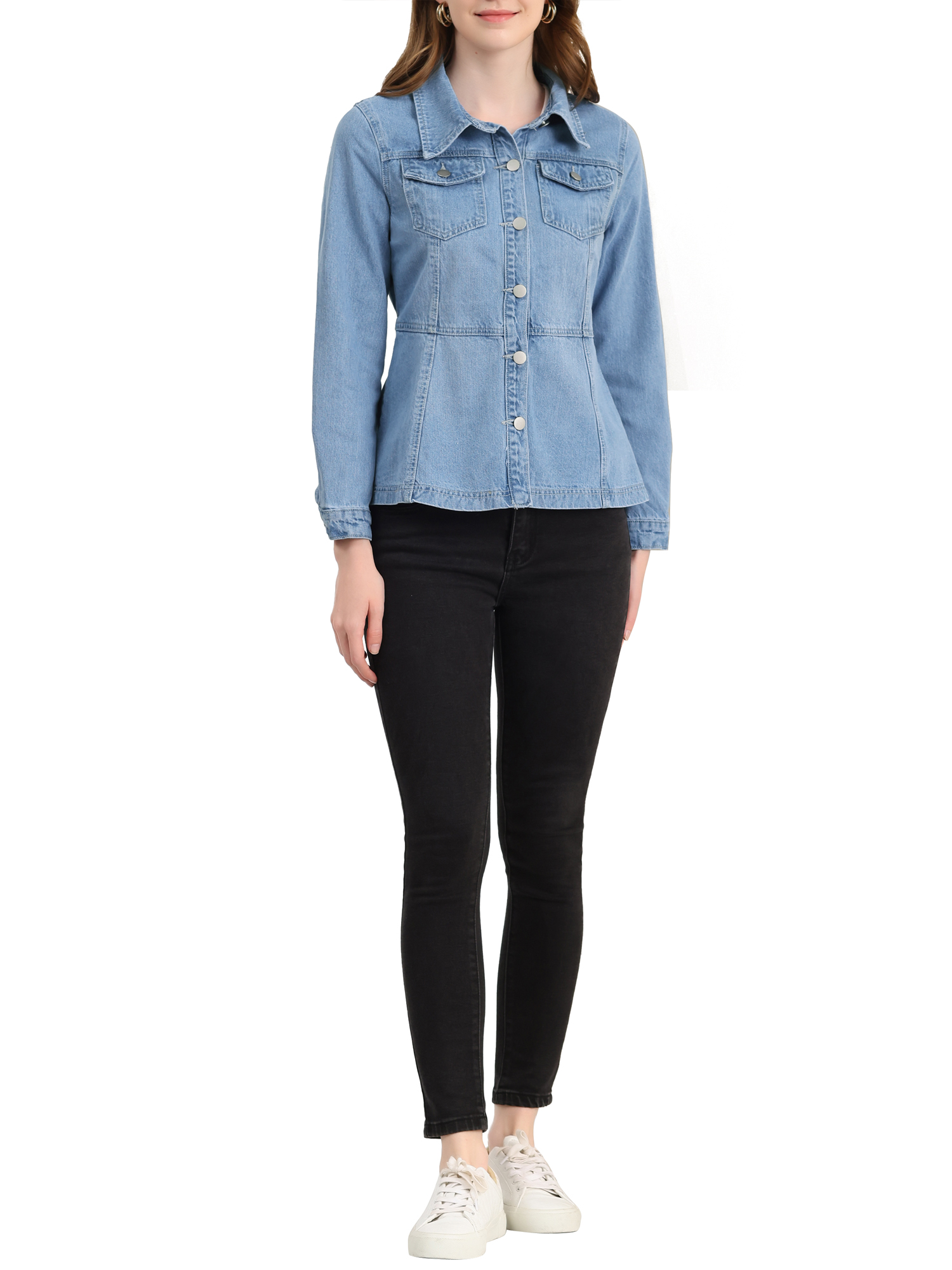 Unique Bargains Women's Vintage Jean Long Sleeve Button Denim Jacket Light Blue M