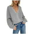 thumbnail image 4 of Cardigan Uni à Col en V pour Femmes, Manches Lanternes, Bouton, Tricoté, 4 of 4