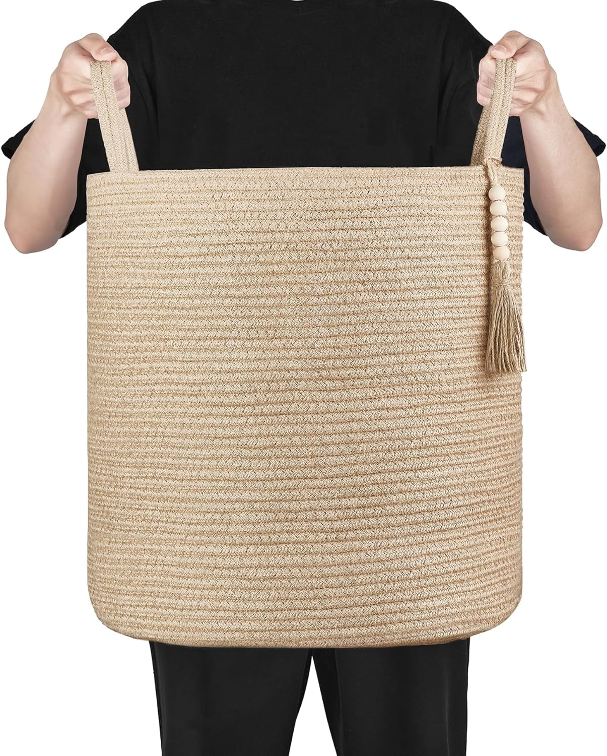 TAVENE 15"Wx17.7"L Tall Wicker Laundry Basket with Handles - Natural Rope Woven Storage Basket Wooden Bead Decoration, Living Room Decorative Organizer Bin for Blankets, Toys, Clothes, Shoes, Plant