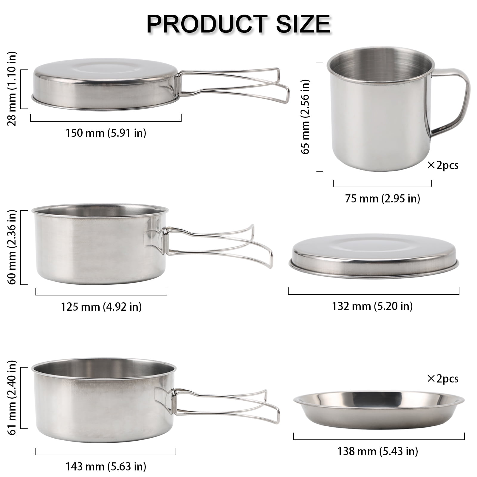 Backpacking Camping Cookware 8PCS Stainless Steel Mini Picnic Cooking Mess Kit Pot and Pan Set with Plates Cups for Outdoor Camping Hiking
