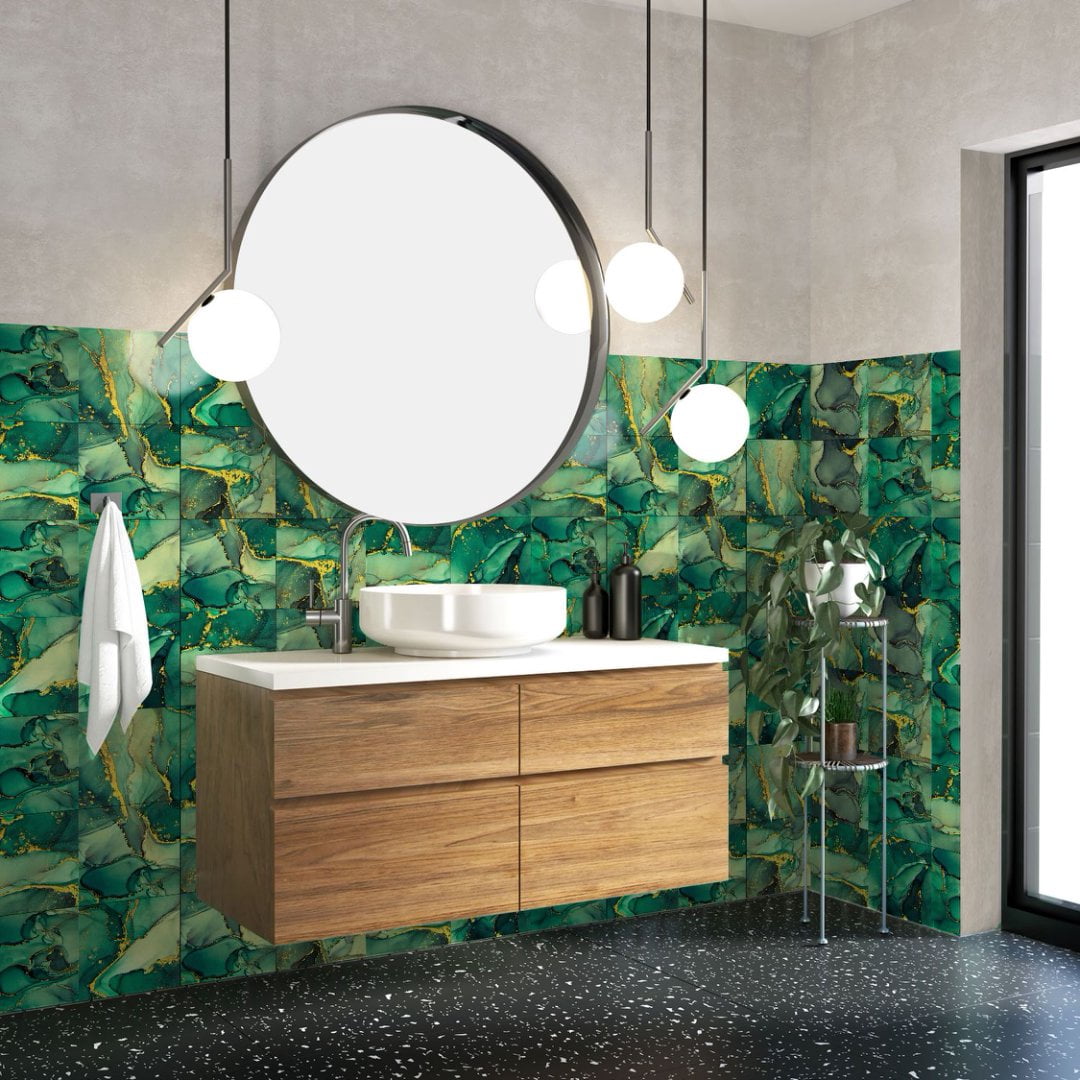 16-Sheets Tile Stickers Backsplash 8" x 8" Green Gold Marbling Wall Decals DIY Decor Peel and Stick Waterproof PVC Tile for Kitchen Bathroom
