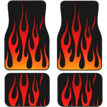 Retro Traditional Hot Rod Flames Car Front and Rear Floor Mats, Car Mats, Complete Set of 4 Carpets, All Weather Protection