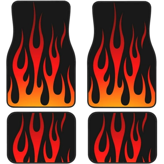 Retro Traditional Hot Rod Flames Car Front and Rear Floor Mats, Car Mats, Complete Set of 4 Carpets, All Weather Protection