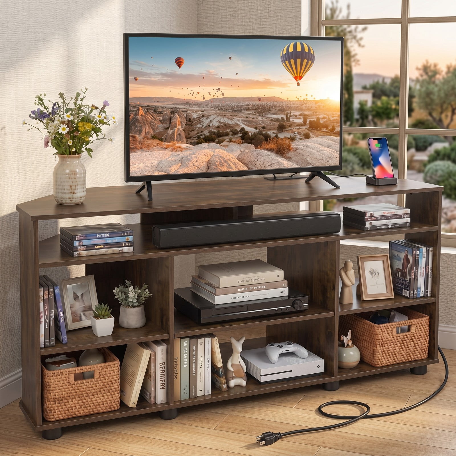 Furnibear Corner TV Stand for TVs up to 55 Inch, Entertainment Center with Charging Station, 3 Adjustable Shelves, Wood Media Console Side Cabinet for, Rustic Brown