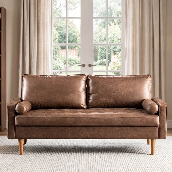 Koby Home Faux Leather Loveseat with Wood Frame, 70" Mid Century Modern Couch, 2 Seater Sofa for Small Spaces Dark Brown
