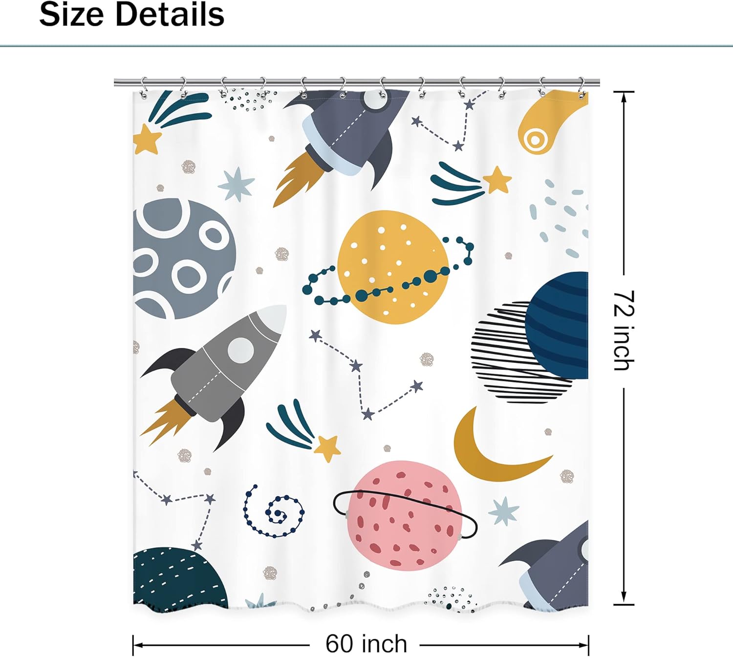 Kids Boys Space Shower Curtain 72Wx72L Inch Cute Cartoon Pink Planet Universe Funny Galaxy Rocket Star Moon Girl Cosmos Lovely Nursery Bathroom Set Bath Curtain Bathtub Accessories Home Decor