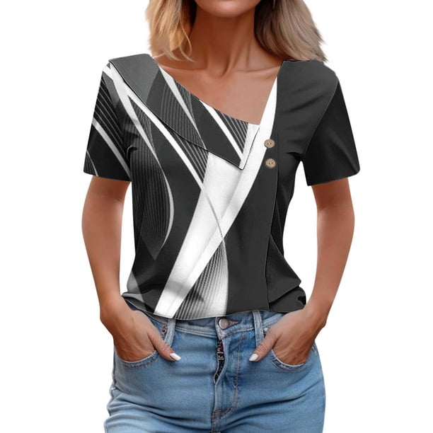 Fiudx Camisetas para Mujer Camisa de Manga Corta para Mujer con Camiseta Informal con Botones Estampados a Cuadros