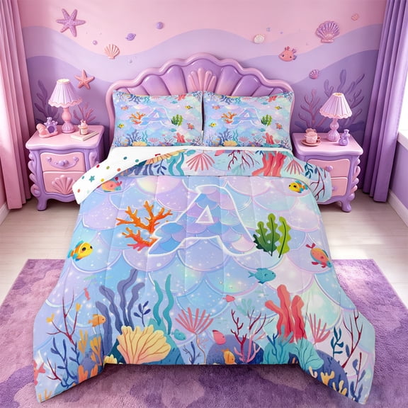 meiyoeat watercolor Sea Life Coral Full Size Comforter Sets,Ocean Initial A Bedding Comforter Set,Reversible,3-Piece,1 Comforter and 2 Pillowcases