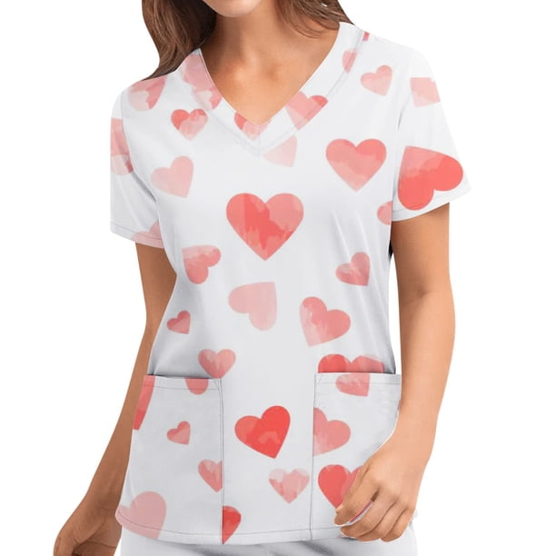 Blusa de manga corta con cuello en V para mujer, uniforme con bolsillos estampados para el Día de San Valentín Pompotops hkajfhjk459715