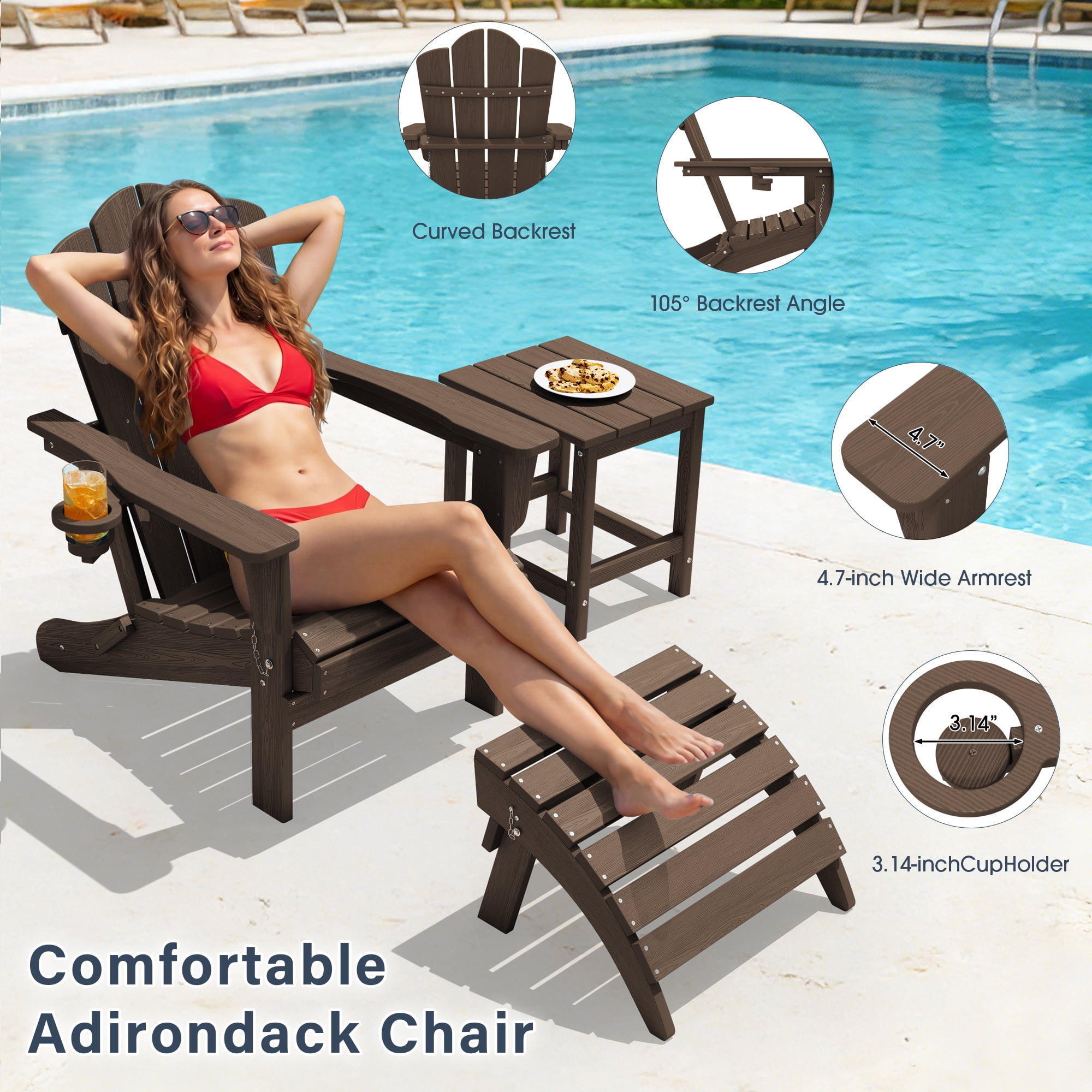 KINGYES Folding Adirondack Chair with Cup Holder, HDPE All-Weather Folding Adirondack Chair, Fir Pit Chairs for Patio Garden Backyard