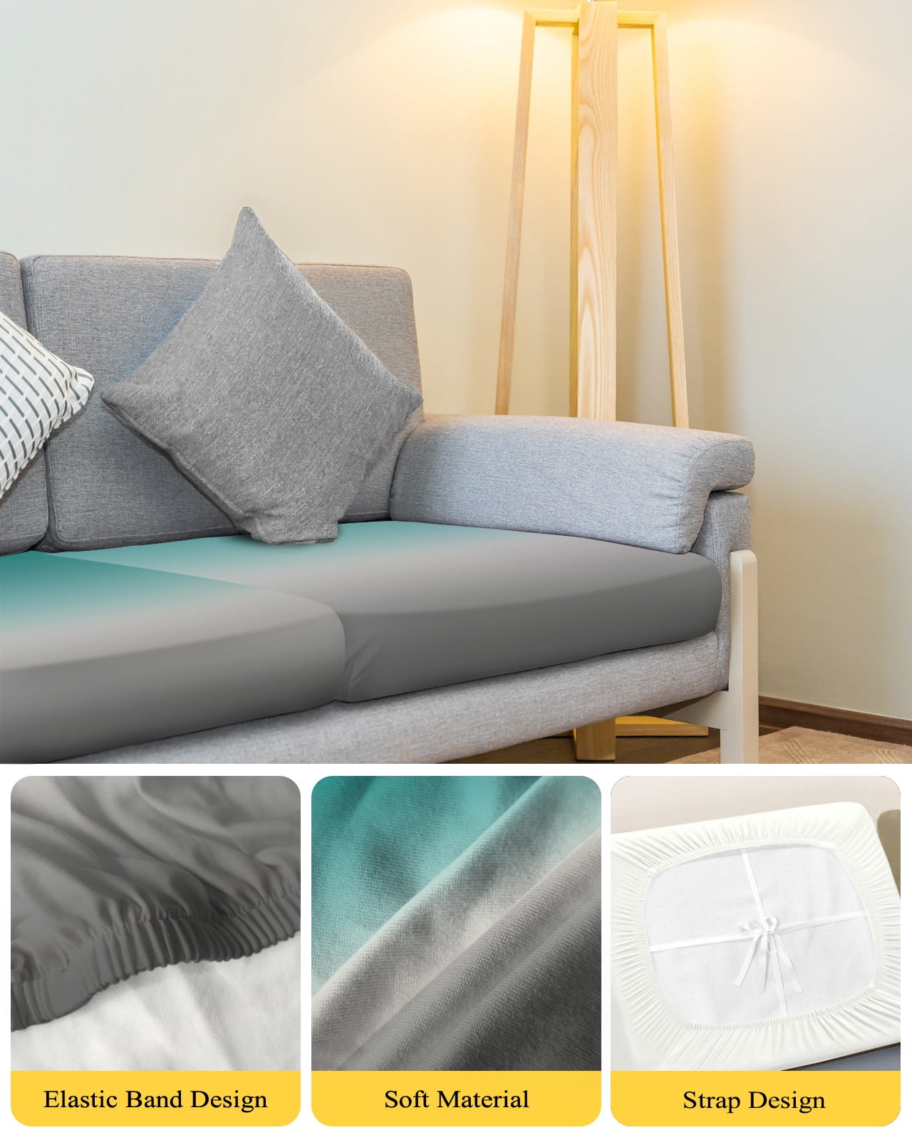 Teal Grey Ombre Couch Cushion Covers,Stretch Seat Cushion Covers for Sectional Sofa,Turquoise Gradient Modern Abstract Art Individual Sofa&nbsp;Slipcovers Furniture Protector Elastic Straps 1Pcs,S