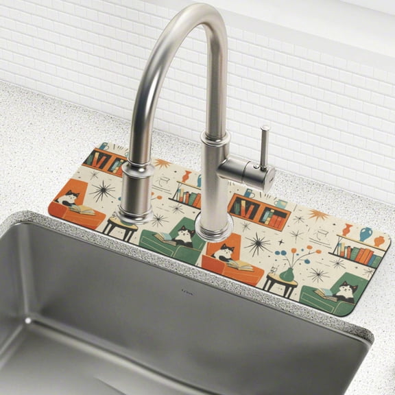 Yayeee Faucet Mat for Kitchen Sink 14.7" Diatomite Long Splash Guard Pad, Beige Cats Reading