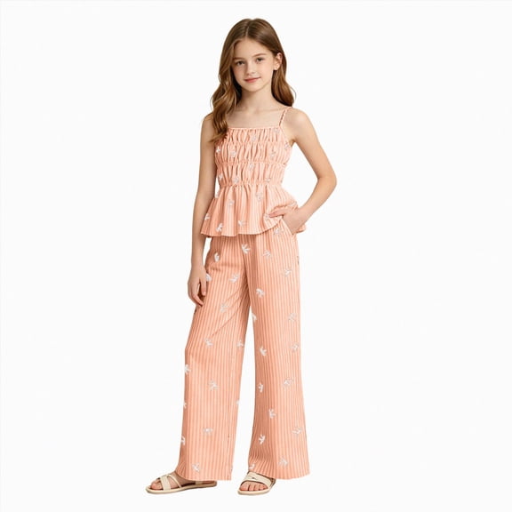 Nwiuh Tween Girls Clothes Summer 2 Piece Outfit Set Ruffle Cami Top Wide Leg Pants with Pockets (Orange, 14-15 Years)