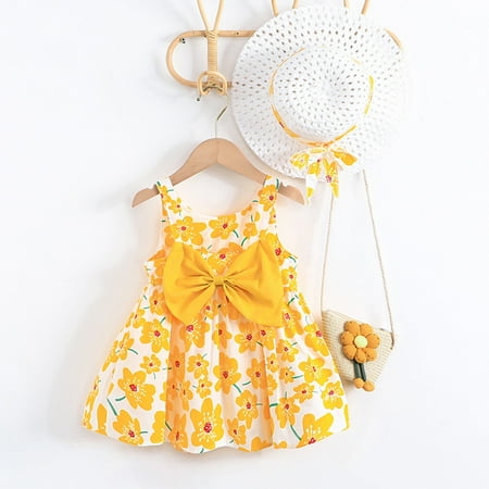 

Gotyou Girl s 3 Piece Baby Princess Dress Sleeveless Sling Flower Print Skirt With Hat + Bag Set Outfits