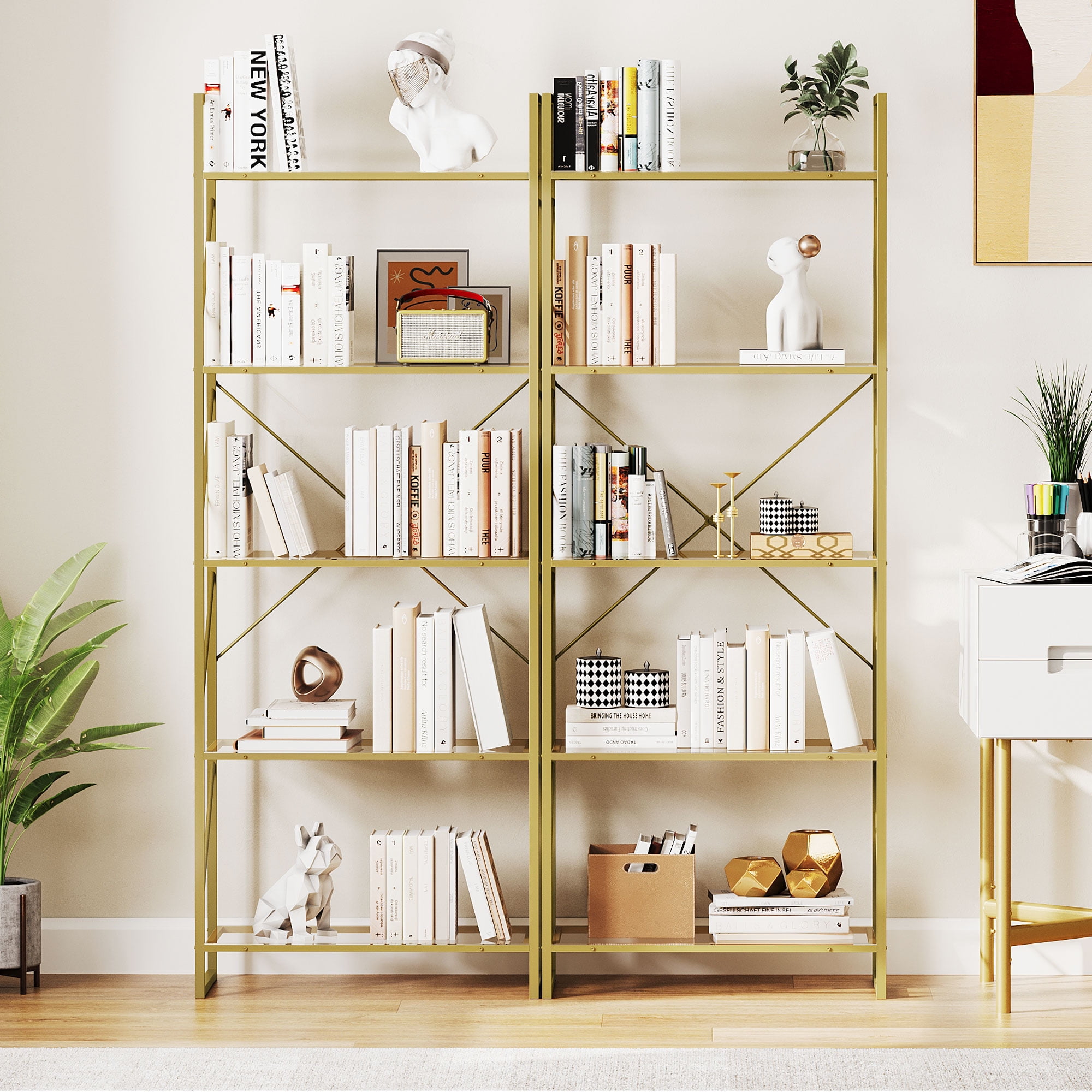 Dextrus 5-Tier Gold Bookshelf, Modern Free Standing Storage Shelf with Metal Frame,Display Shelf Storage Rack for Living Room, Acrylic and Gold Finish