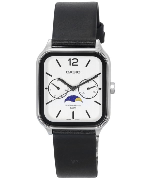 Casio Standard Analog Moon Phase Leather Strap White Dial Quartz MTPM305L7A Men