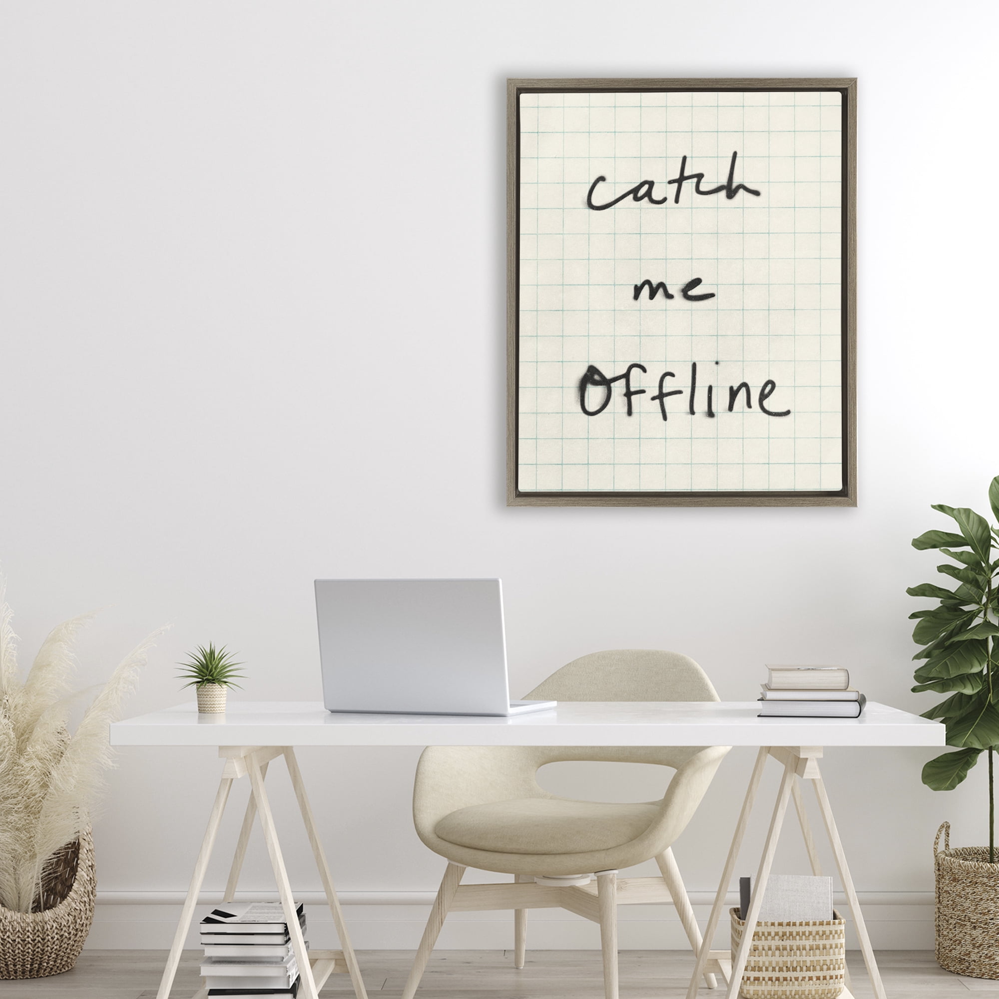 Stupell Industries Catch Me Offline Scrawl Brown Framed Floater Canvas Wall Art, design by Victoria Barnes