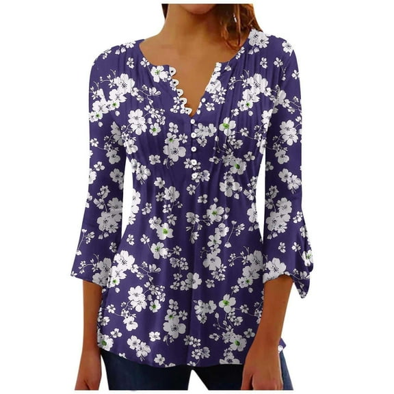 yunLCZ Womens Long Sleeve Shirts 3/4 Length Sleeve Womens Tops Casual Button Up V Neck Tunic Shirts Floral Print Ruched Flowy Spring Summer Blouses Work Office Casual Blouse
