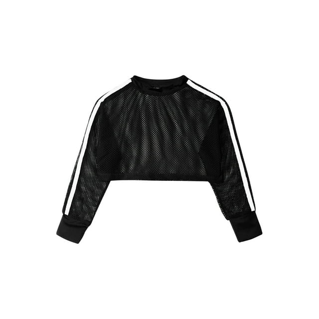 Manyakai Hauts Classiques de Ballet à Manches Longues en Résille pour Filles Jeunes Filles Manches Longues Col Rond Sport Danse Crop Top Noir 10