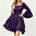 thumbnail image 4 of KICILVS Halloween Dresses for Women Plain Square Neck Flare Sleeve Dress Ruched Bust Layered Hemline Mini Party Gown Purple, 4 of 8
