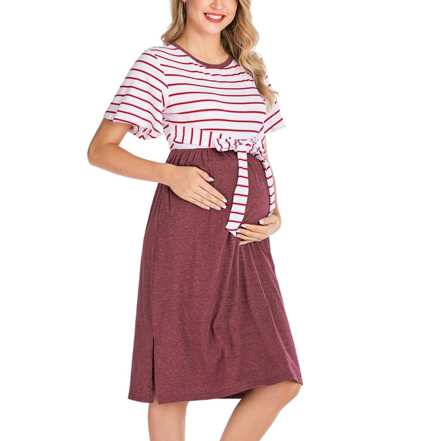 Robe Rayée pour Femmes Vêtements pour Femmes Enceintes Col Rond Manches Courtes Robe de Maternité Rayée Décontractée Robe de Maternité Vêtements Décontractés pour Femmes Robe Décontractée pour Femmes Décontractée