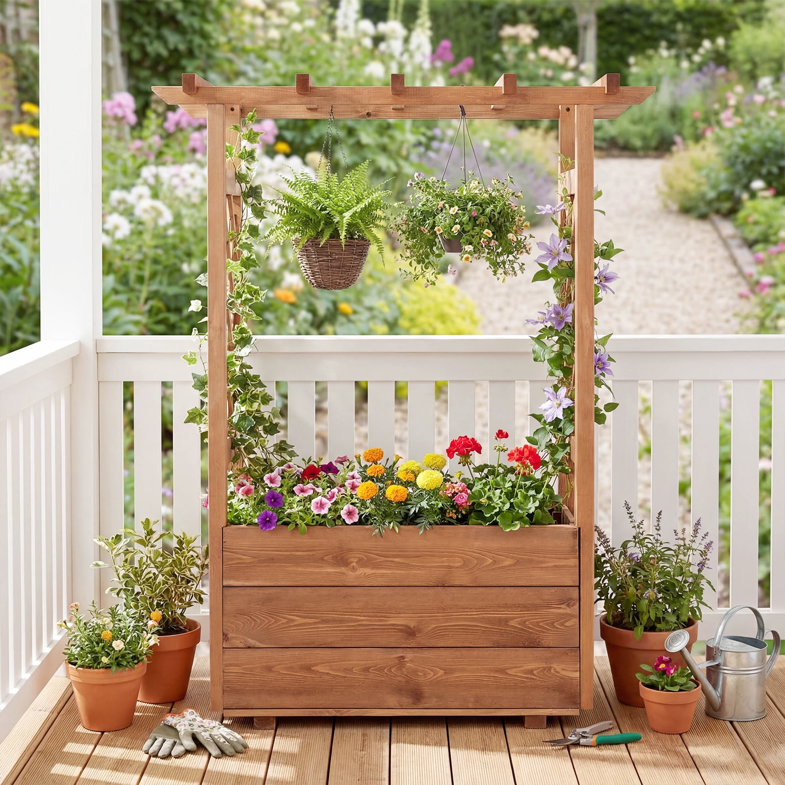 Gymax Wooden Raised Garden Bed/ Lattice Trellises Hanging Roof Drainage Indoor Outdoor