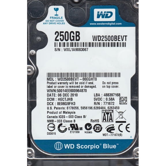 WD2500BEVT-00EGHT0, DCM HECTJHB, Western Digital 250GB SATA 2.5 Hard Drive