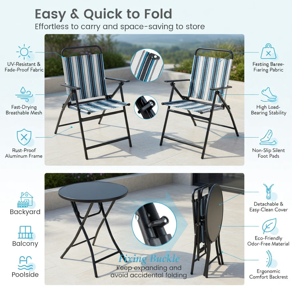 Hommoo 3-Piece Portable Outdoor Folding Chair & Round Table Set, Metal Frame, Breathable Fabric Seats, Easy-Fold for Backyard, Poolside & Balcony, Blue
